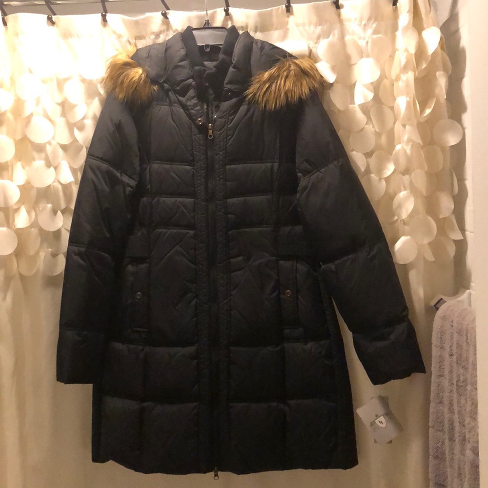 Black feather down jacket with faux fur hood
